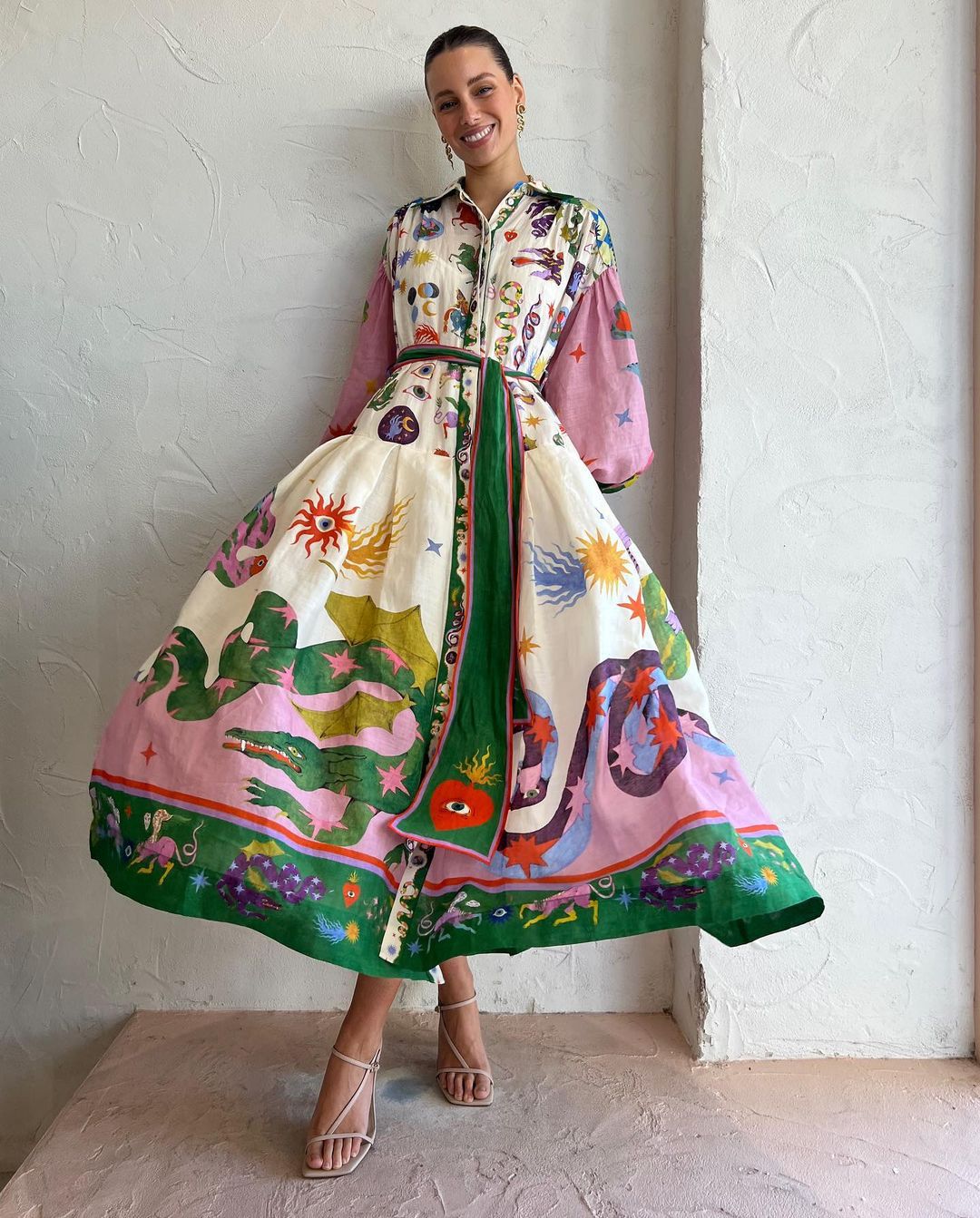 Vestido informal con estampado floral para mujer, manga larga tipo farol, botonadura sencilla, cintura definida, con cordones