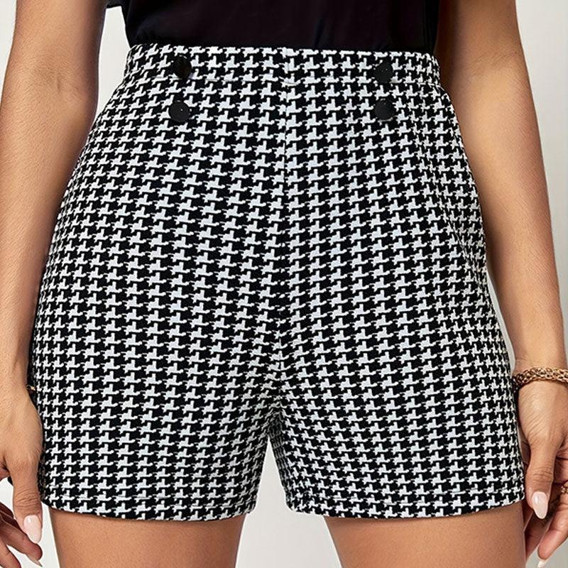 Women Fashion Casual Elegant Houndstooth Elastic Waist Button Shorts