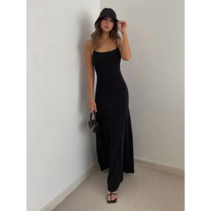 Vestido maxi informal de verano con tirantes finos, básico y sexy para mujer, de color liso