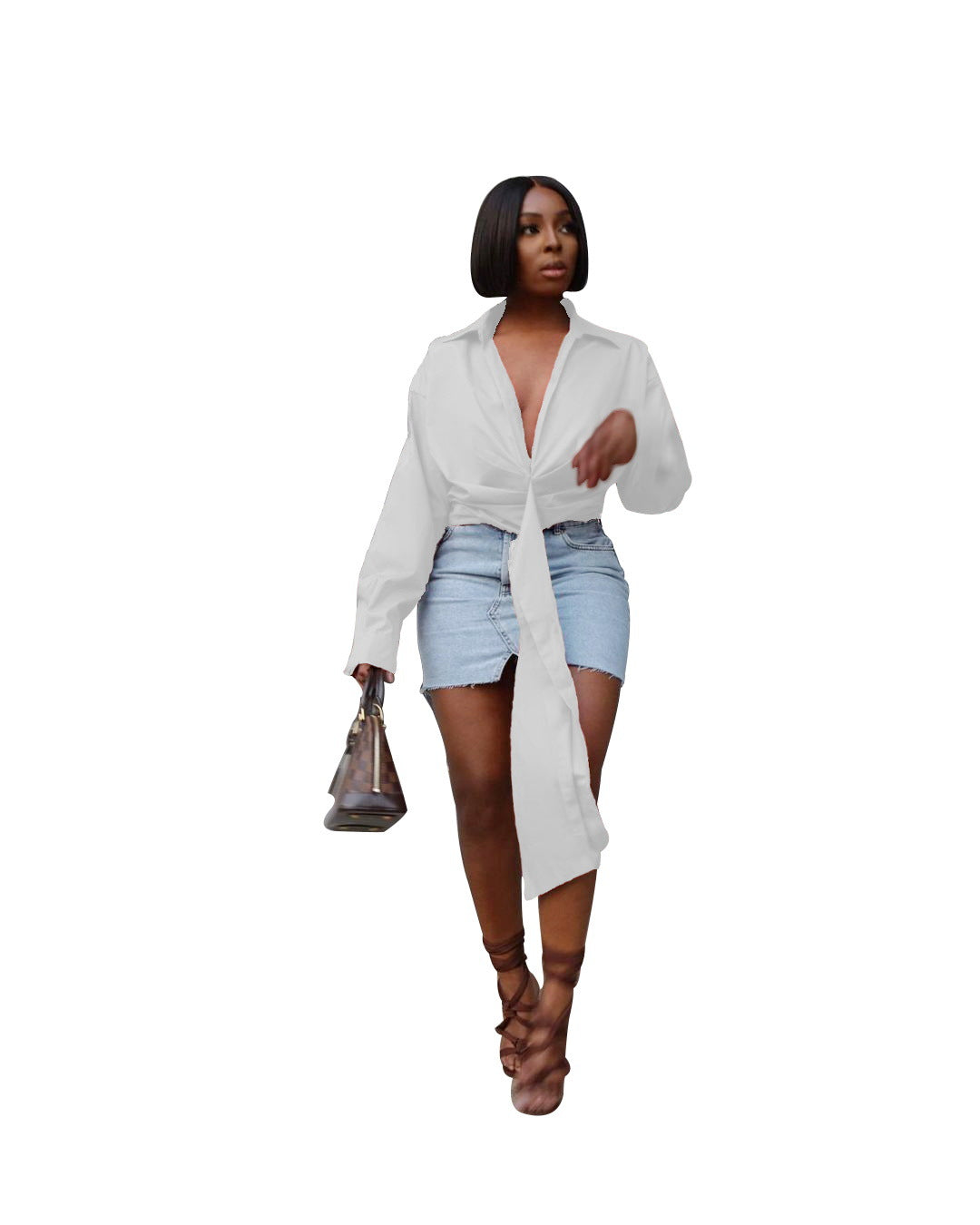 Blusa informal de manga larga con escote en V profundo y plisada de color liso para mujer