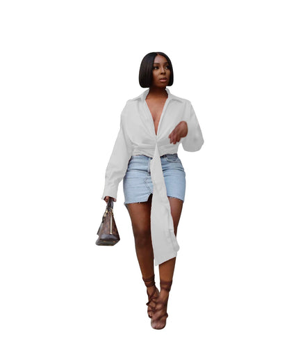 Blusa informal de manga larga con escote en V profundo y plisada de color liso para mujer
