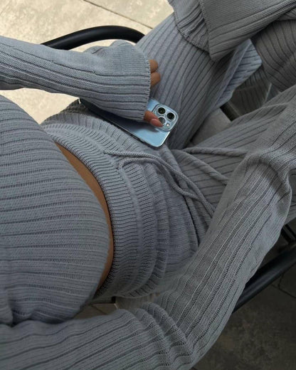 Conjunto de dos piezas de top corto de punto con cuello redondo y manga larga para mujer, informal, con cordones