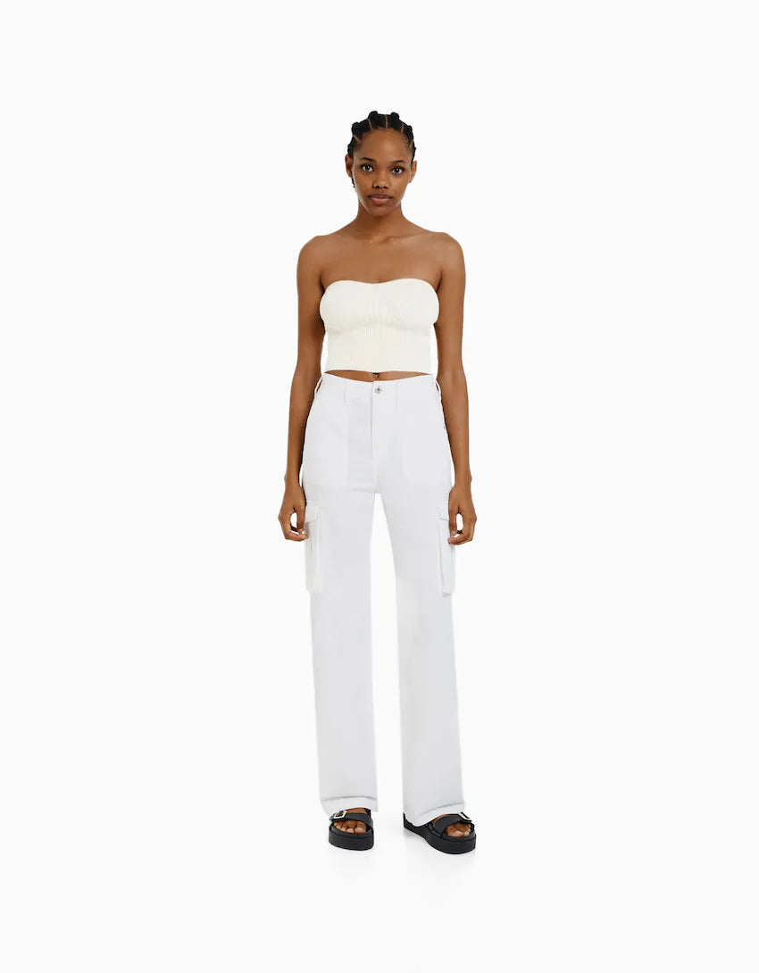 Women Fashion Casual Solid Color High Waist Pockets Cargo Pants