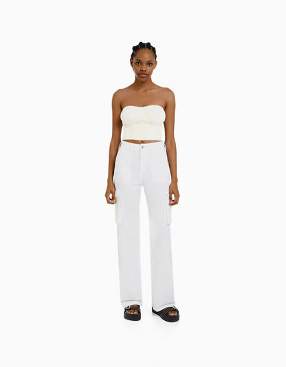 Women Fashion Casual Solid Color High Waist Pockets Cargo Pants
