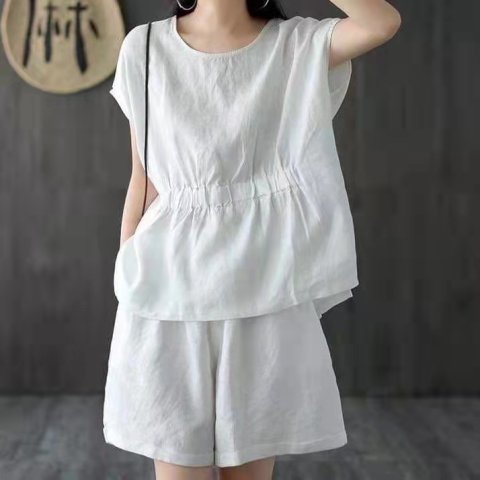 Conjunto de dos piezas de pantalones de lino y algodón de manga corta de color liso informal para mujer