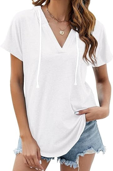 Camiseta holgada informal de manga corta con cuello en V y color liso para mujer