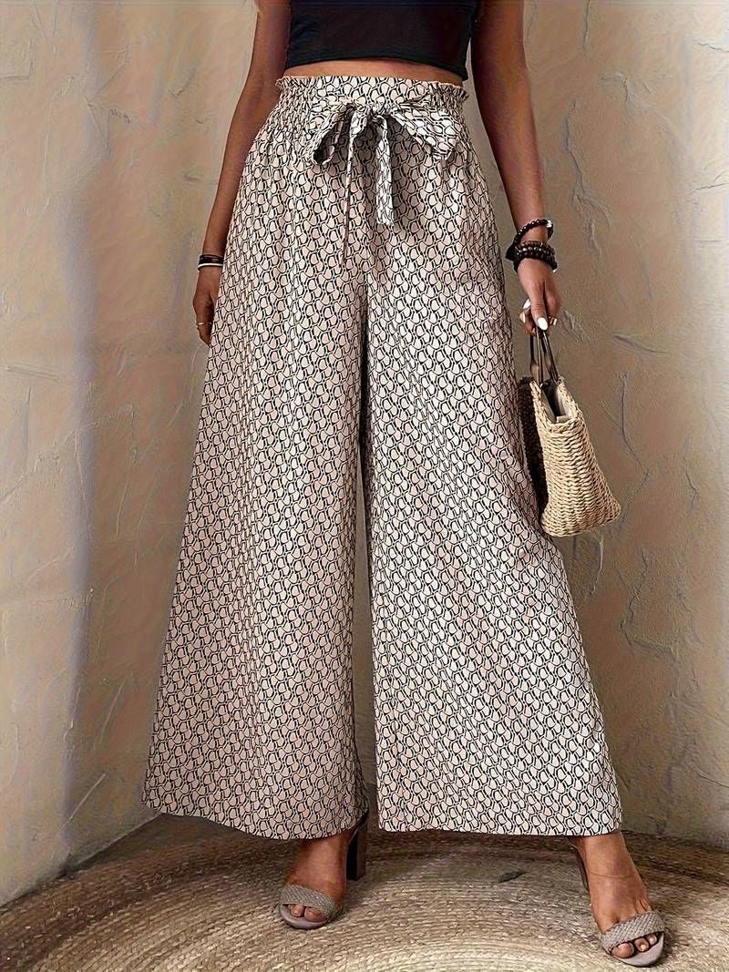 Women Casual Loose Leopard Drawstring High Waist Wide Leg Pants