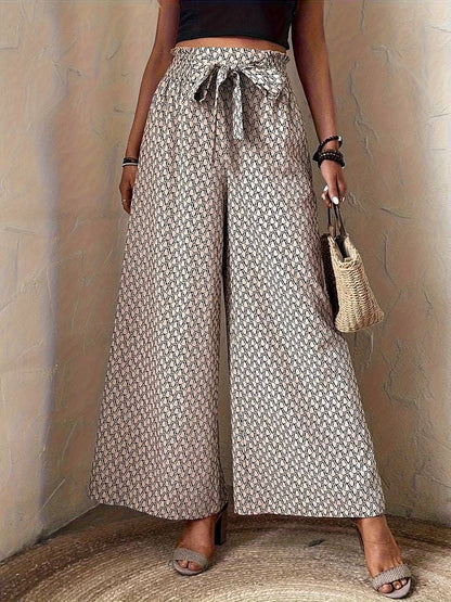 Women Casual Loose Leopard Drawstring High Waist Wide Leg Pants