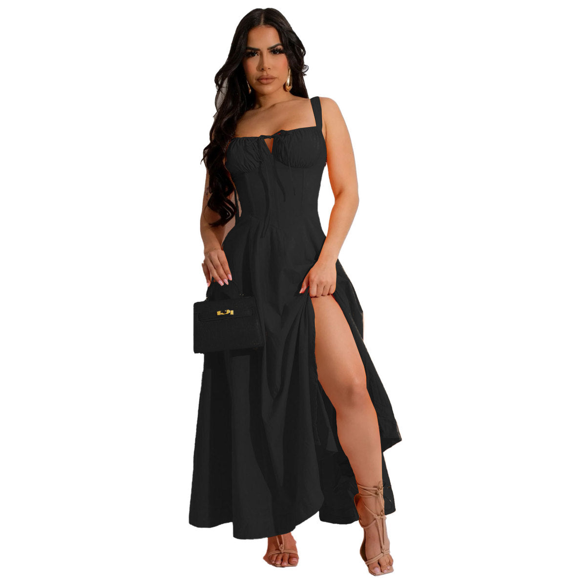 Women Fashion Casual Solid Color Sling Maxi Dress