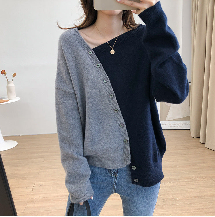 Women Casual Fashion Irregular Color Block Sweater
