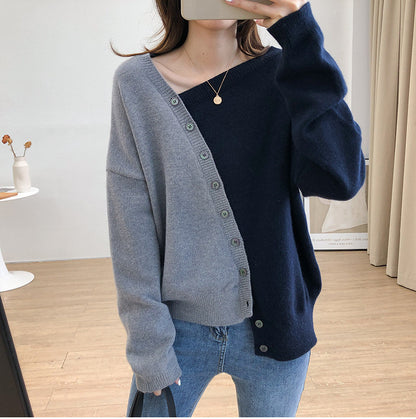 Women Casual Fashion Irregular Color Block Sweater