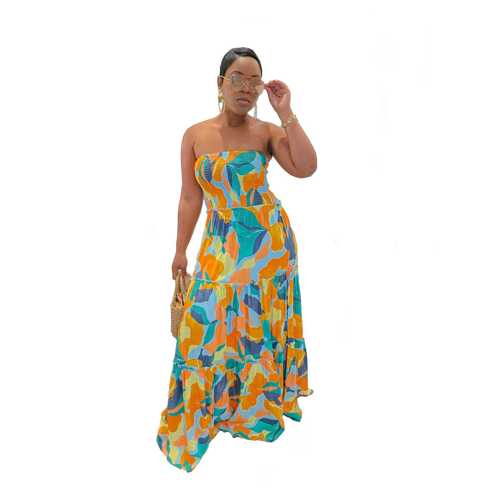 Women Fashion Casual Sexy Printed Loose Tube Top Dress