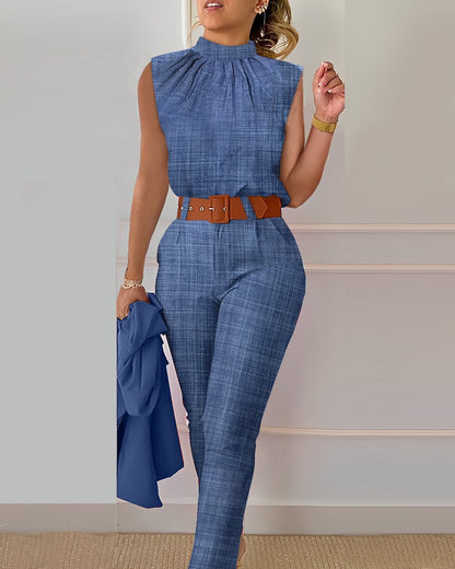 Women Fashion Casual Geometric Floral Printed Vest Casual Pants Two-Piece Set Without Jacket