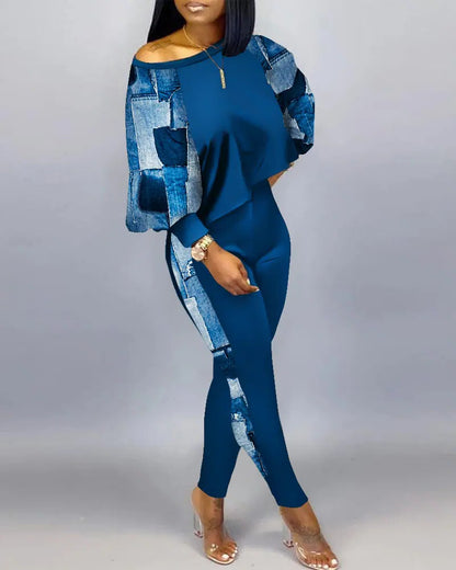 Conjunto de top holgado y pantalones ajustados con estampado gráfico informal de moda para mujer