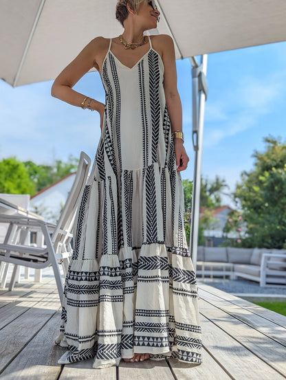 Vestido largo informal con cuello en V y estampado geométrico para mujer