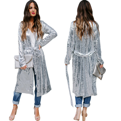 Chaqueta larga informal con lentejuelas plateadas y cinturón para mujer