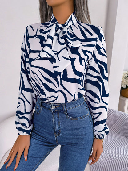 Women Fashion Casual Color Block Stripe Lace-Up Lantern Sleeve Chiffon Top