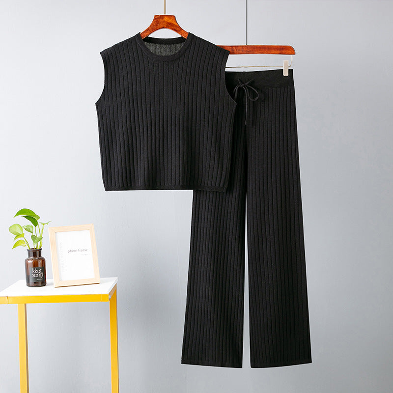 Women Fashion Loose Casual Solid Color Knitted Vest Pants Two-Piece Set