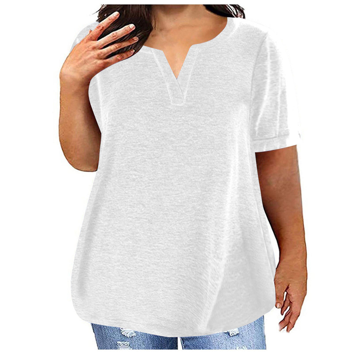 Women Casual Plus Size Solid Color V-Neck Short Sleeve Pocket T-Shirt