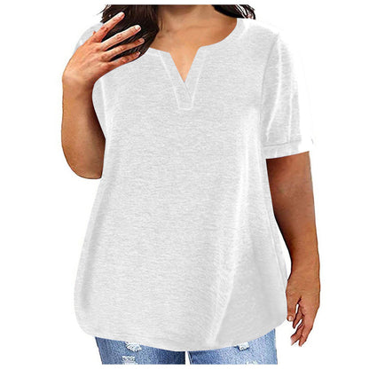 Women Casual Plus Size Solid Color V-Neck Short Sleeve Pocket T-Shirt