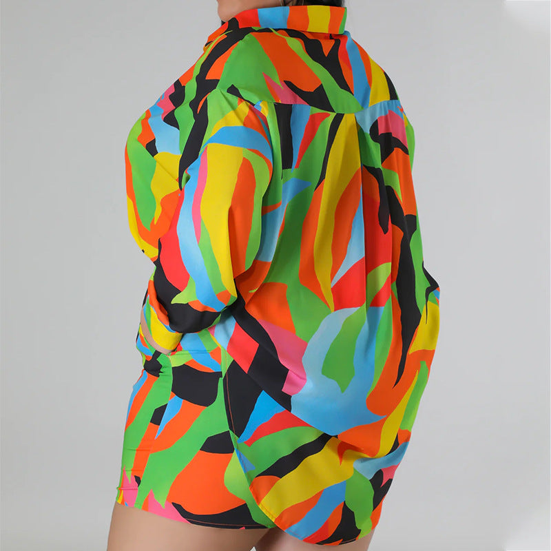 Conjunto de dos piezas de blusa y pantalones cortos con cordones estampados de moda informal de talla grande para mujer