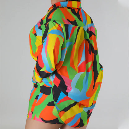 Conjunto de dos piezas de blusa y pantalones cortos con cordones estampados de moda informal de talla grande para mujer