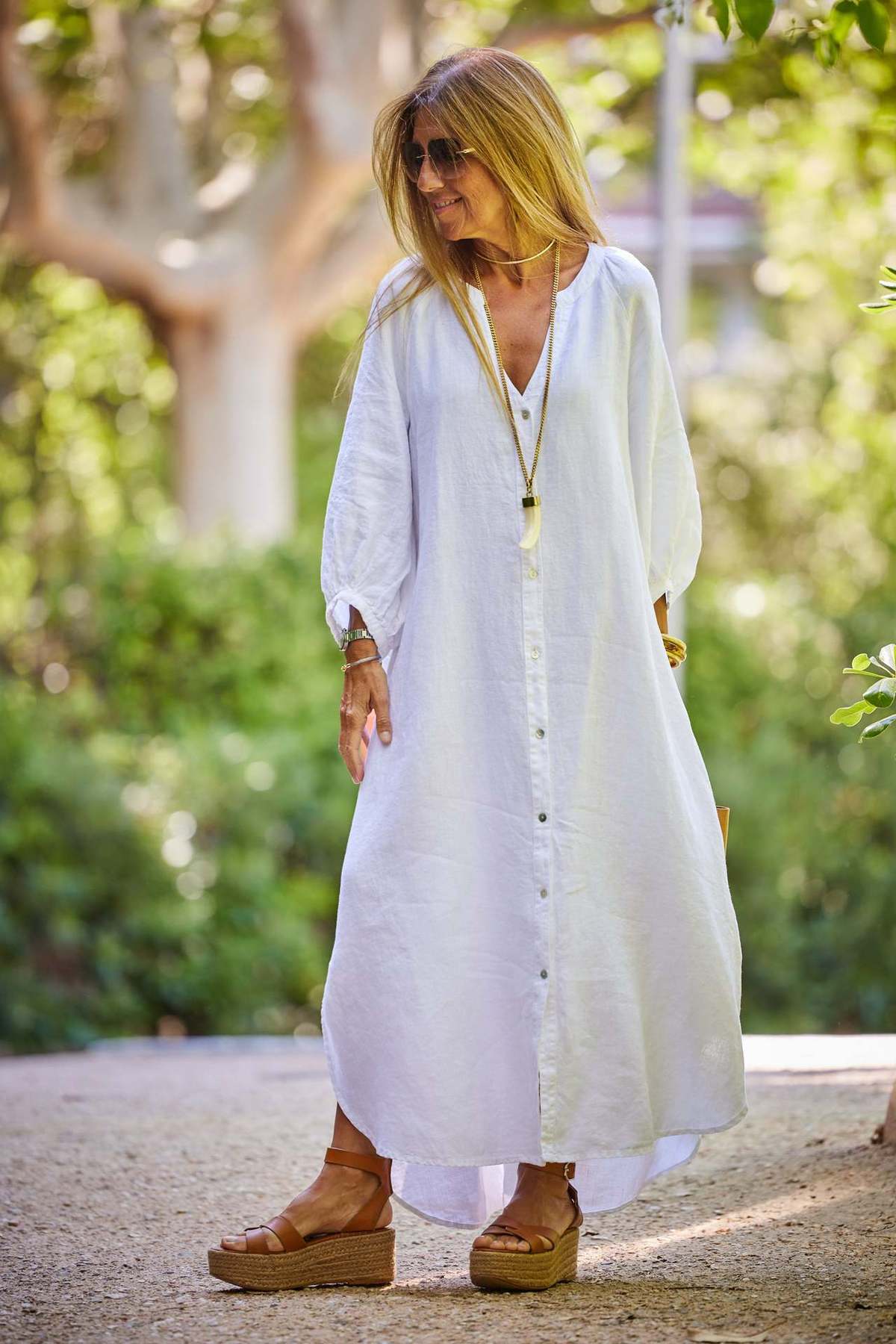 Vestido largo informal de lino y algodón con mangas largas para mujer