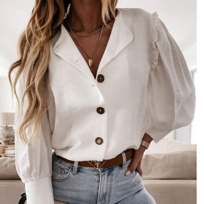 Blusa elegante básica informal de color liso con mangas cortas y volantes para mujer