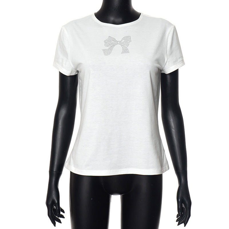 Camiseta informal de manga corta con lazo y diamantes de imitación para mujer