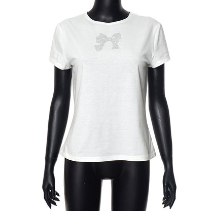 Camiseta informal de manga corta con lazo y diamantes de imitación para mujer