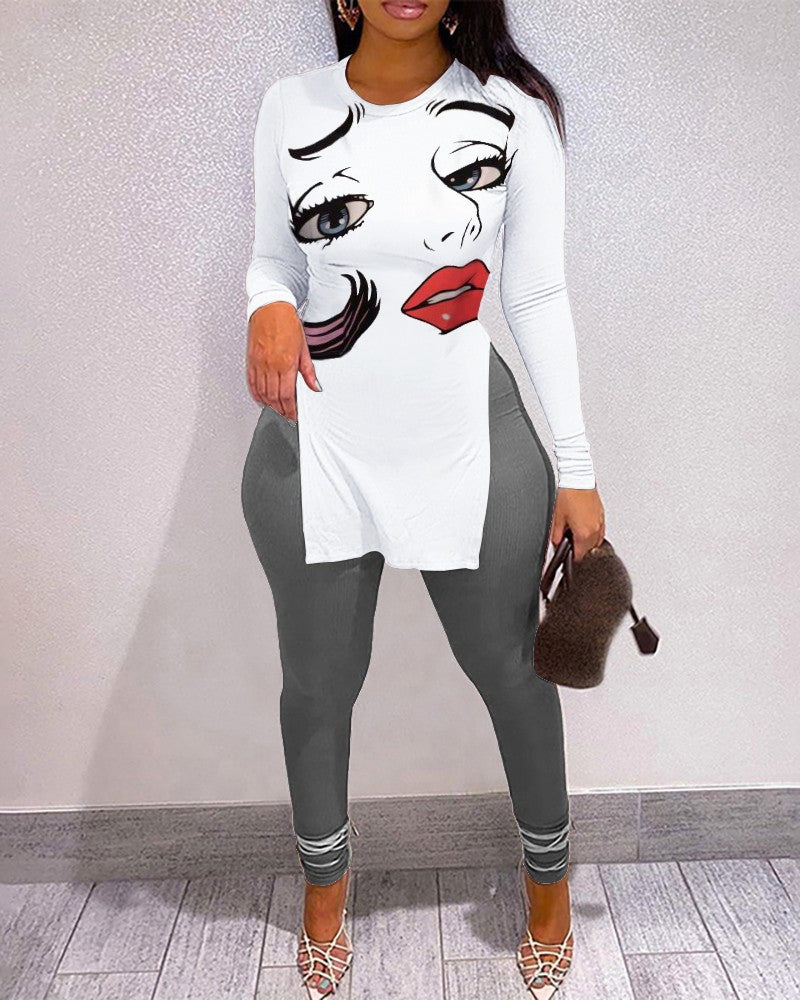 Conjunto deportivo informal de manga larga con cuello redondo y pantalones ajustados para mujer