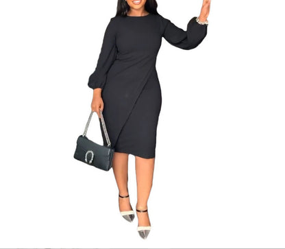 Women Fashion Solid Color Casual Lantern Long Sleeve Dress