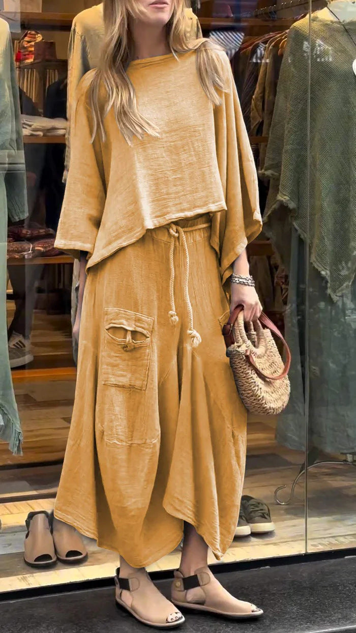 Conjunto de dos piezas para mujer, informal, de color liso, holgado, de manga larga, con falda irregular y cordones