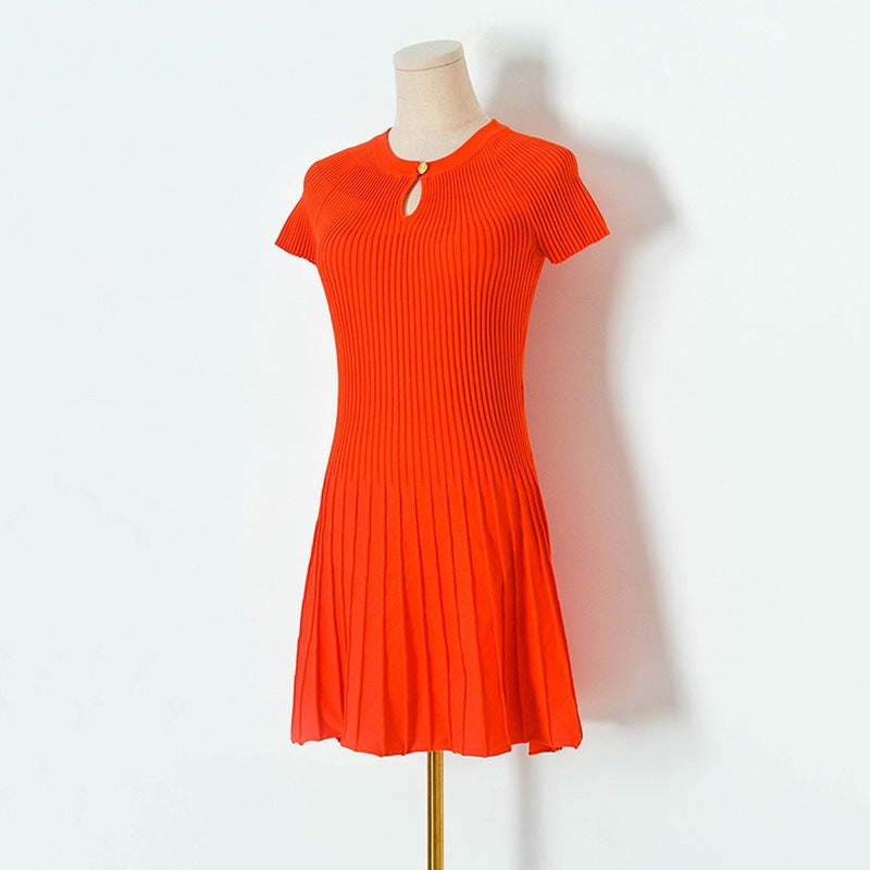 Vestido informal de punto de manga corta con cuello redondo y color liso para mujer