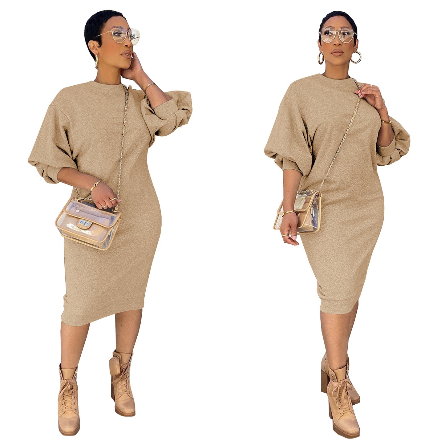 Women Fashion Casual Solid Color Loose Dress