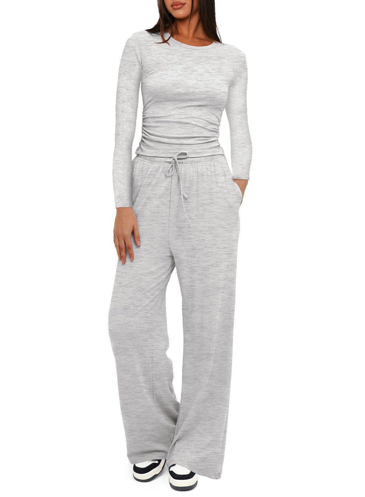 Conjunto de dos piezas formado por camiseta y pantalón de pierna ancha, cintura alta, color liso, informal, sencillo, para mujer