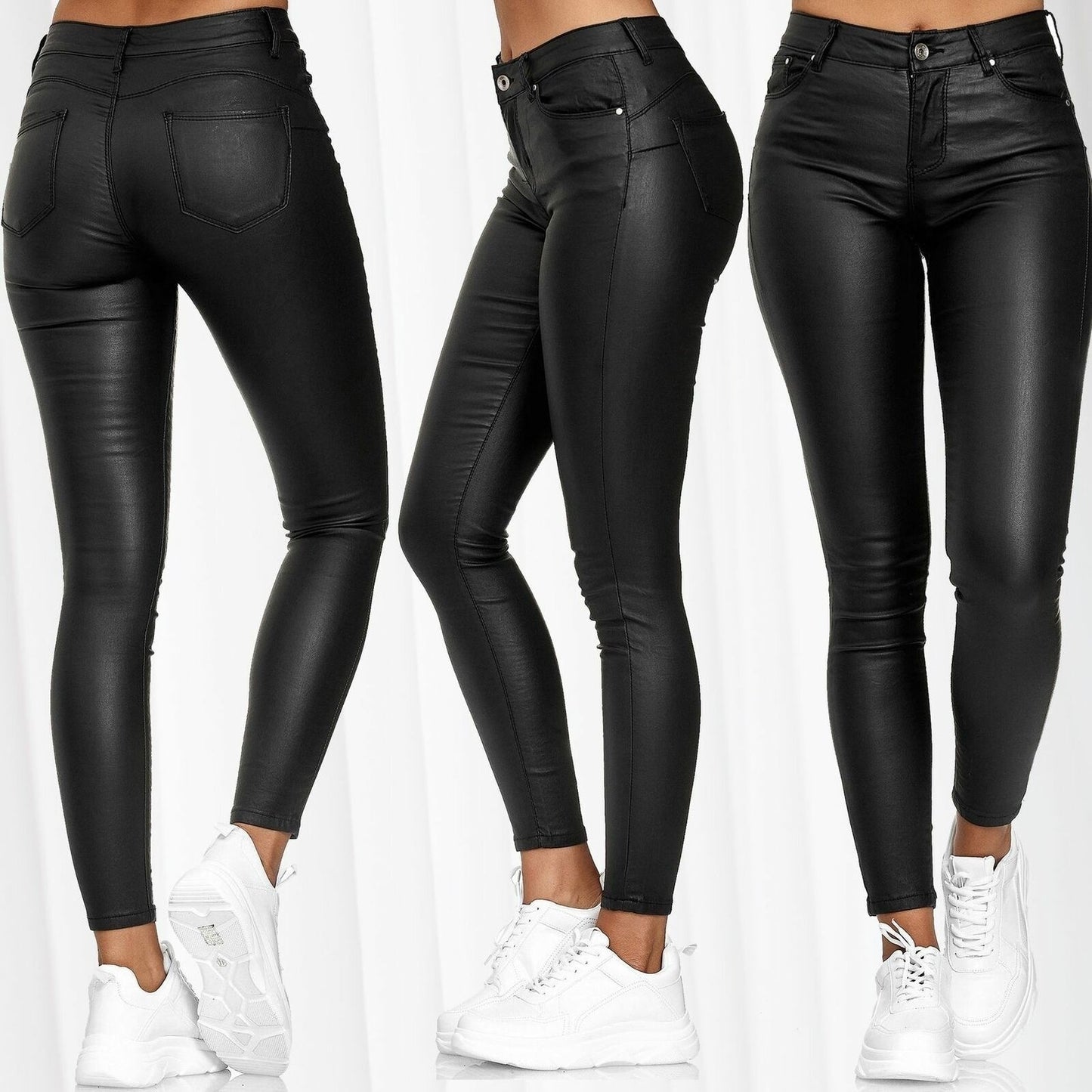 Women Spring Solid Color PU Leather Casual Pants