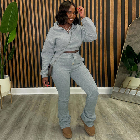 Conjunto de dos piezas de sudadera y pantalón de color liso informal para mujer