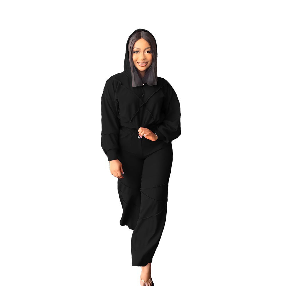 Women Athleisure Fashionable Sports Solid Color Hooded Straight Casual Pants Two-Piece Set