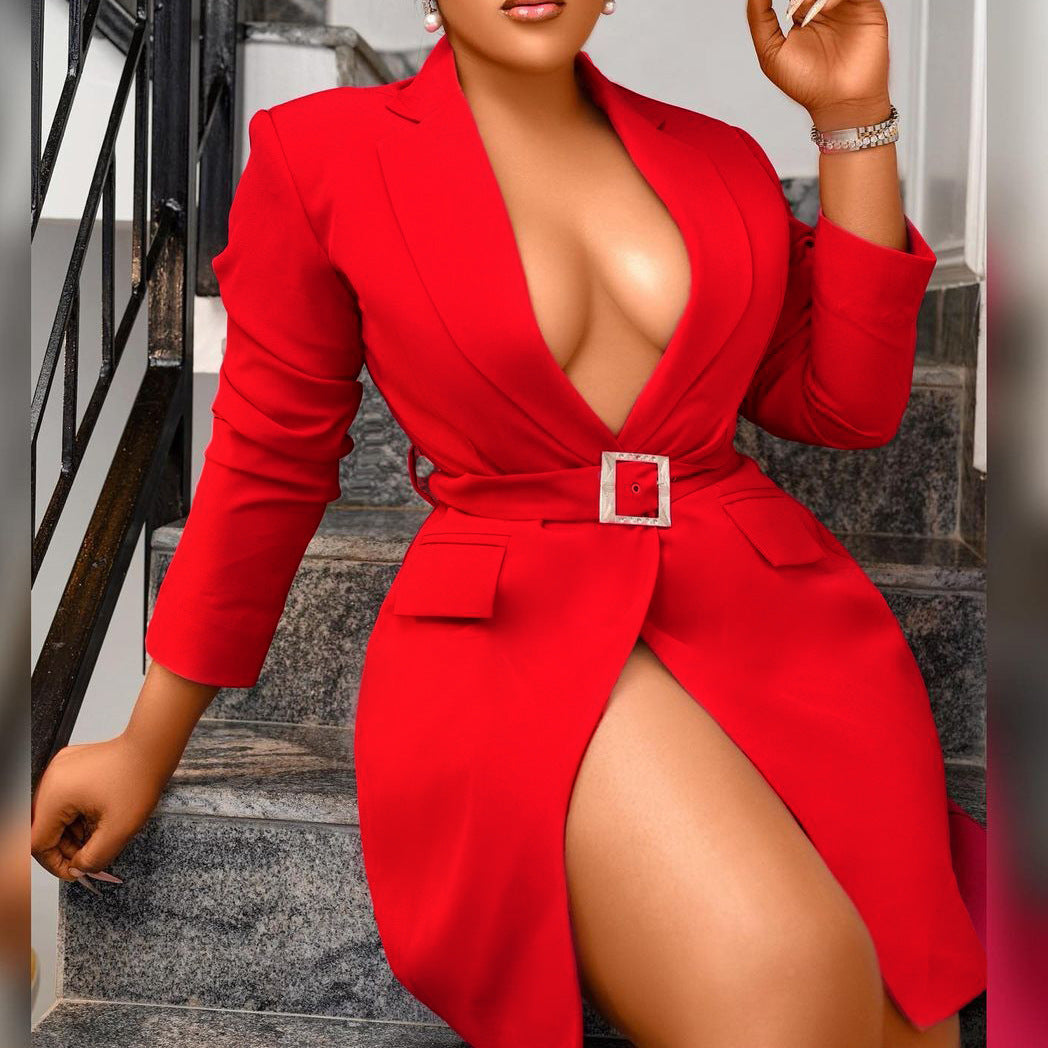 Women Fashion Casual Solid Color Long Sleeve Blazer Dress