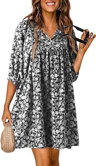 Vestido bohemio informal con estampado floral y cuello en V y mangas farol para mujer