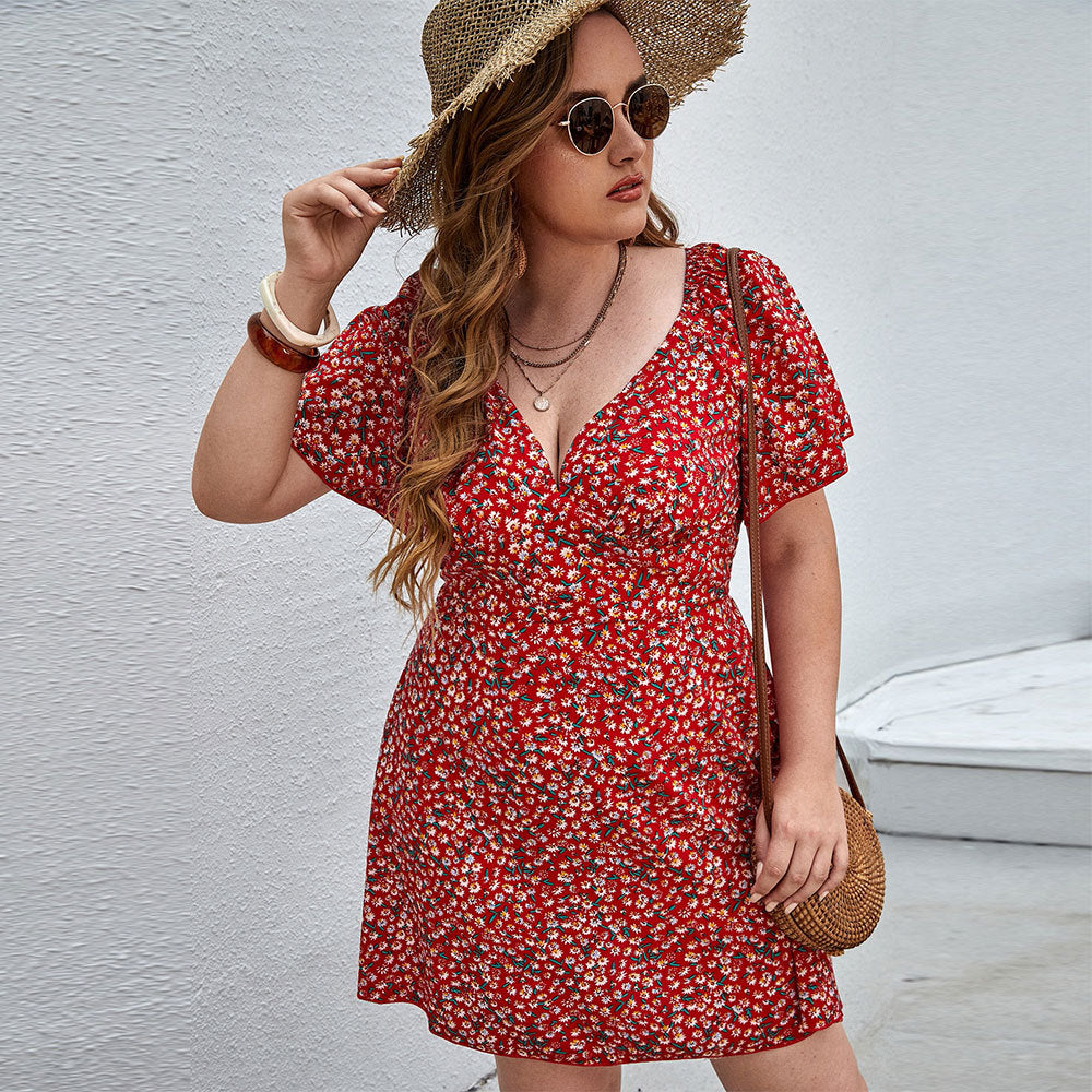 Women Fashion Casual Tiny Flower Printing V-Neck Short Sleeve Plus Size Dress