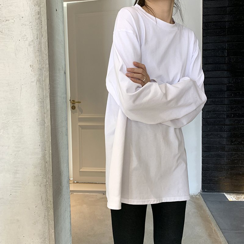 Camiseta informal holgada de manga larga con cuello redondo para mujer