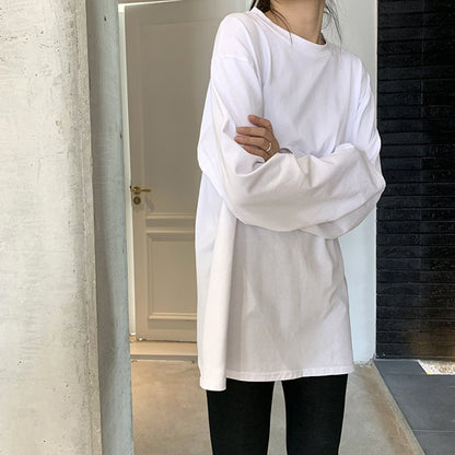 Camiseta informal holgada de manga larga con cuello redondo para mujer