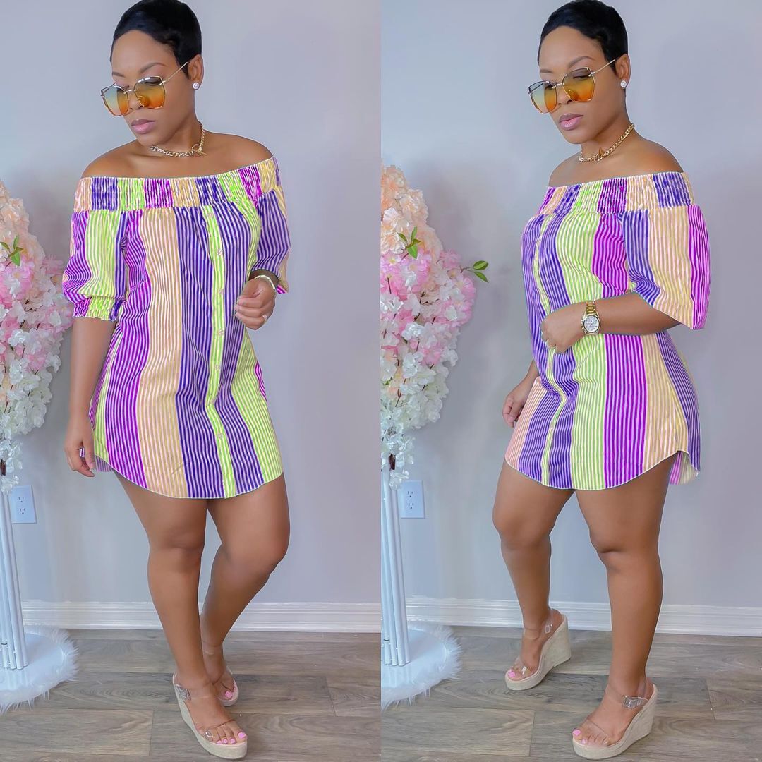 Women Casual Edgy Fashion Irregular Hem Color Blocking Stripe Loose Off-the-shoulder Short Sleeves Dress