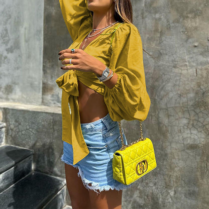 Blusa informal de manga larga con nudo para mujer, color liso, ideal para vacaciones