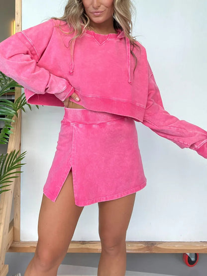 Women Fashion Casual Solid Color Long Sleeve Hooded Sweater Split Skirt Two-Piece Set