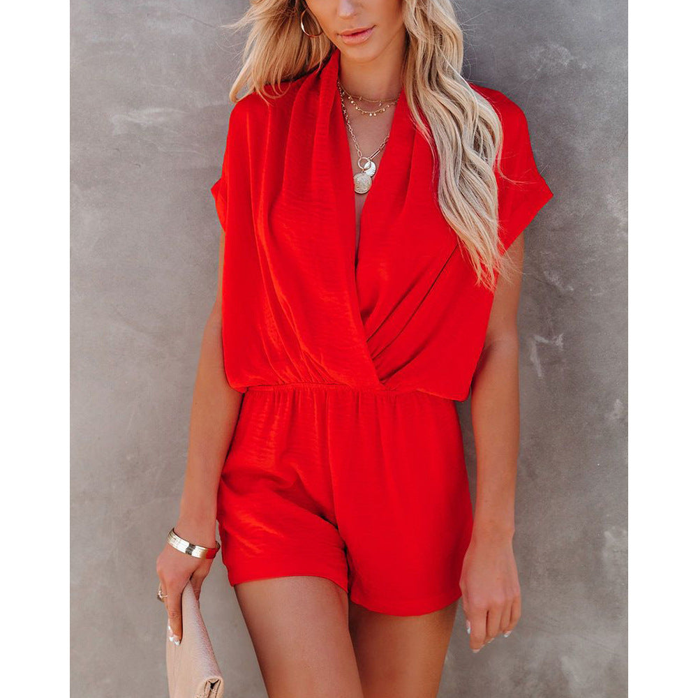 Women Casual Sexy V-Neck Loose Raglan Short Sleeve Rompers
