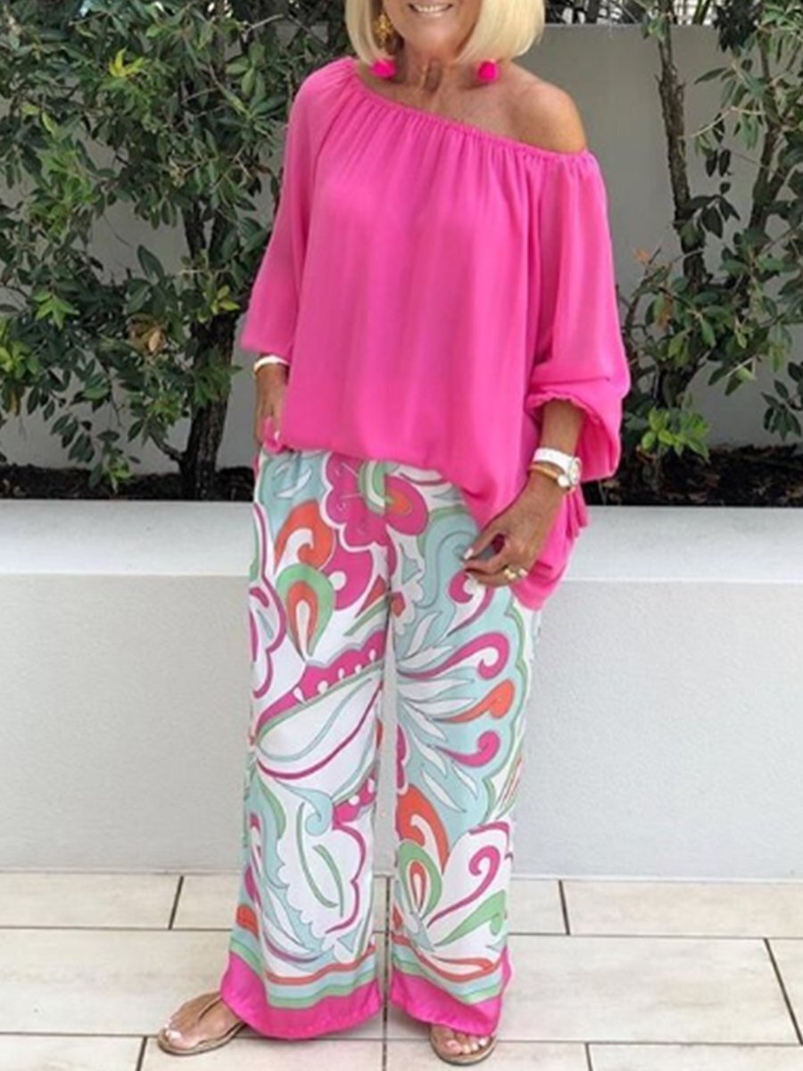 Conjunto de dos piezas para mujer: top de color liso con hombros descubiertos y pantalón estampado informal