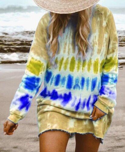 Women Fashion Casual Tie-Dye Printed Loose Long Sleeve Dress